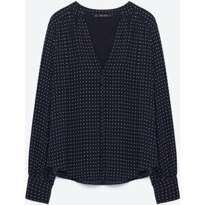 Zara Navy Blue Square Dot Button Up Blouse Size Small EUC